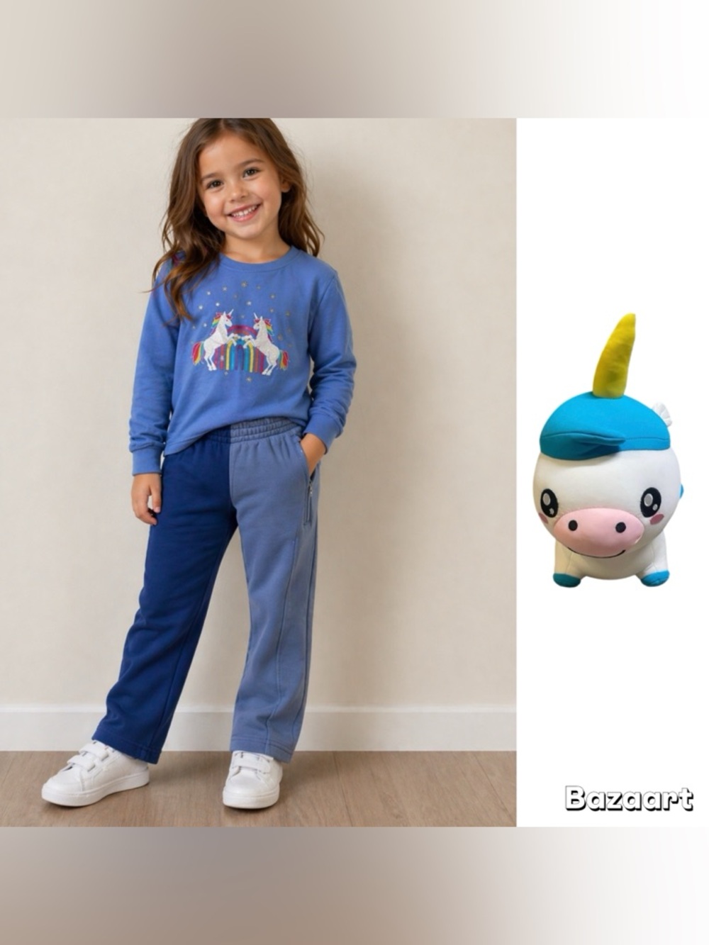 3pc Sz 7 Girls Unicorn SweatSuit Blue W/ Unicorn Plush